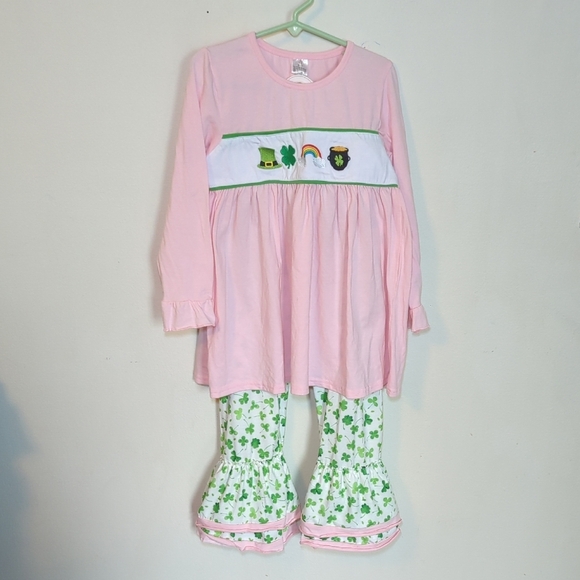 Boutique St. Patrick's Day Set Pants + Tunic Pink and Green Girls Size 6-7 - Picture 1 of 7